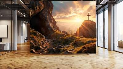 Religious christian cross crucifixion on top of mountain at sunset. AI Generative. Wall mural