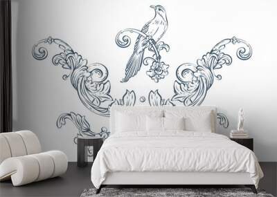 Floral decorative vector elements with bird, rococo and baroque style Wall mural