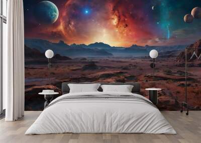 Colorful abstract background view of space from surface of a planet with hills and mountains view in horizon, endless galaxy with nebulas, stars and planets Wall mural