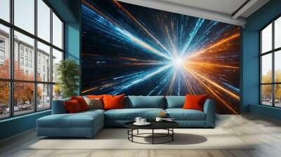 Flashing light burst of blue and orange magnificent light exploded on dark screen, conceptual abstract background of light rays Wall mural