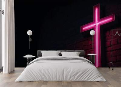 Holy cross with pink neon digital light design on dark background surrounding Wall mural