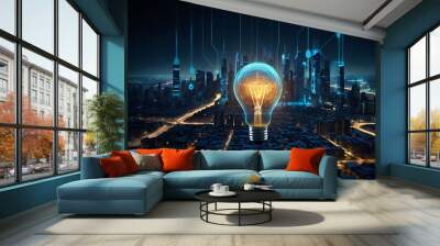 Turned on light bulb digital blue and golden illustrated digital design of city landscape view in background wallpaper, digital cityscape towers and buildings Wall mural