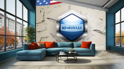 Vector poster of Memorial Day with blue metal label and shadow on the gradient brown background with two american flag and a pattern of cracked paint. Wall mural