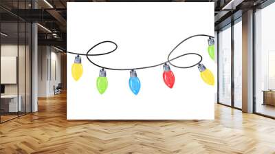 watercolor multicolor garland with light bulbs isolated on white background. Christmas decoration for greeting cards and banners Wall mural