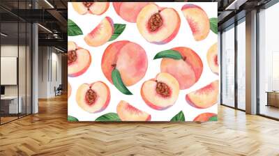 Watercolor peach seamless pattern on white background Wall mural