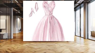 watercolor pink wedding dress and pink woman shoes on white background Wall mural