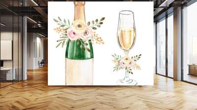 watercolor wedding champagne bottle and glass with floral isolated on white Wall mural