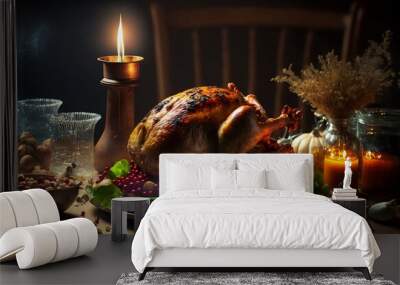 Thanksgiving dinner still life, Turkey, Christmas still life with candle, Thanksgiving, Roast chicken, Generative AI Wall mural