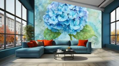 A single blue hydrangea in the middle with a soft green watercolor background Wall mural