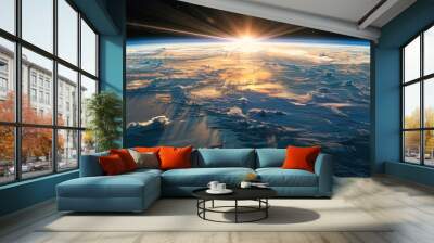 A serene blue sunrise paints the curvature of the Earth as viewed from space. Wall mural