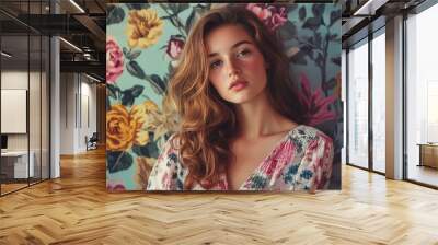 Beautiful young woman posing with long healthy brown hair in front of floral wallpaper Wall mural