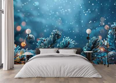 Christmas tree branches covered with snow falling at night with lights glowing warmly Wall mural