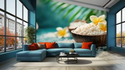 Coconut bowl overflowing with white sand and plumeria flowers on turquoise background Wall mural