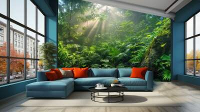 Deep tropical jungles, lush green foliage thrives under the warm sun. Wall mural