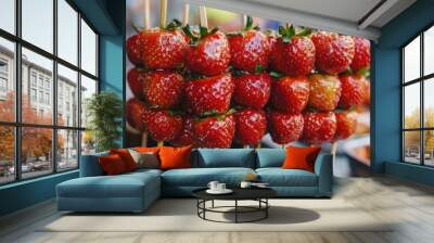 Delicious candied strawberries skewers covered in syrup being sold as street food Wall mural