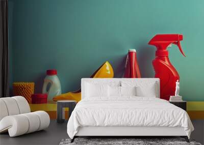 Set of elegant shoes alongside cleaning supplies, the balance between style and cleanliness in everyday life. Wall mural