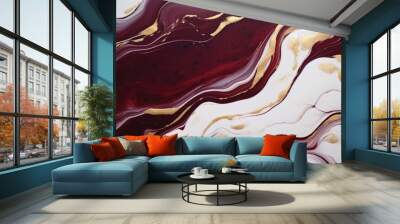 The Art of Suminagashi. Very nice maroon and white paint with gold line. Golden swirl, artistic design. The style includes swirls of marble or ripples of agate. Elegant composition. Wall mural