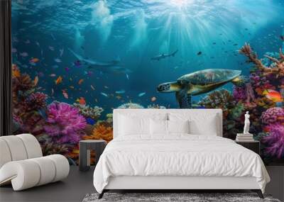 Vibrant underwater world with this colorful super wide coral reef panorama banner background Wall mural