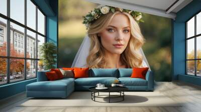 Gorgeous blonde pride wearing wedding dress and floral crown over her head. Young woman in a wedding dress outdoor. Wall mural