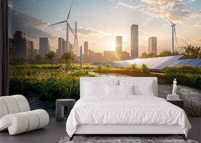 Green city with renewable sustainable energy solution technology concept. Panorama background nature scene with turbine, modern building urban with fresh sky background in beautiful sunset backlight. Wall mural