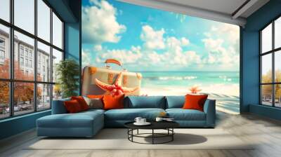 Summer creative background with starfishes with vintage suitcase or luggage on sandy beach with palm leaf shadow in front of the sea on fresh sky and cloud background with warm sunshine, copy space Wall mural