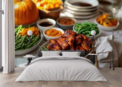 Aerial View of Beautifully Arranged Thanksgiving Dinner Table, Seasonal Dishes and Festive Decorations Wall mural