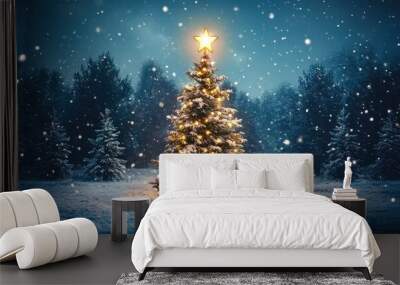 Christmas tree with a glowing star in a snowy winter landscape at night, evoking a classic Christmas card scene with high detail and festive atmosphere Wall mural