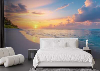 Sea Beach Scene with Palm Trees and Vibrant Sunset Sky Relaxation and Tranquility Natural background Wall mural