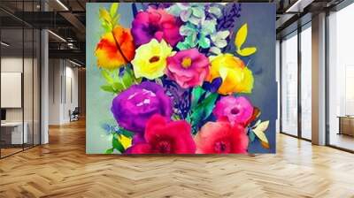 A beautiful bouquet of watercolor flowers is on the table. The colors are vibrant and make a statement. Wall mural