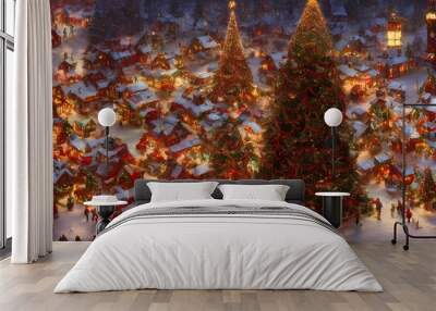 A warm and cozy Christmas tree village surrounds me. The smell of fresh pine fills the air, and twinkling lights fill my vision. I'm surrounded by laughter and love, happiness abound. Wall mural