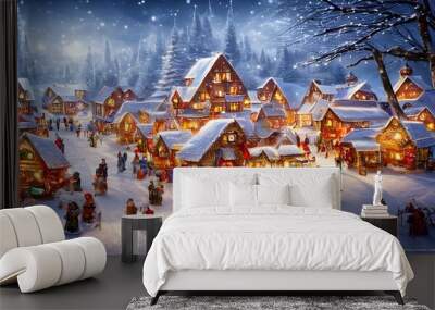 In this winter christmas village, the snow is freshly fallen and blanketed upon the ground. The air is crisp and frigid, but warm lights from inside houses illuminate the scene. Icicles hang down from Wall mural