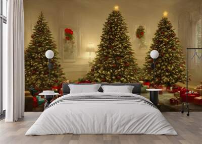 The Christmas tree stands in the corner of the room, decorated with lights and ornaments. It's a beautiful sight. Wall mural