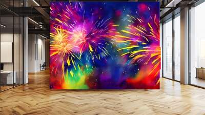 The clock strikes midnight and the sky is lit up with a vibrant show of fireworks. All around me people are cheering and hugging one another, celebrating the start of a new year. The air is thick with Wall mural