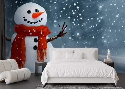 There is a cute snowman made out of snow. He has two coal eyes and a button nose. His mouth is curved into a smile. He's wearing a hat and scarf. Wall mural