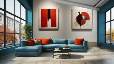 Abstract paintings hanging on white wall in art gallery  Wall mural