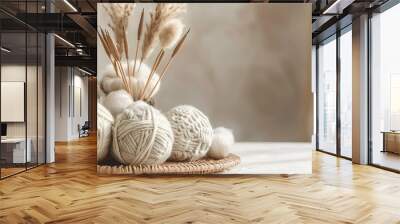 Craft hobby background with yarn in natural colors. Recomforting, destressing hobby for cold fall and winter weather Wall mural