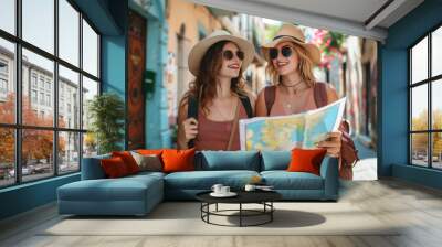 Fun, friends, travel and tourism concept. Beautiful girls looking for direction in the city Wall mural