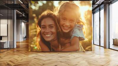 Mother with a daughter on back for piggy back with happiness, bonding on vacation. Female person, child and smile for learning or development in garden, cheerful in countryside with sunshine Wall mural