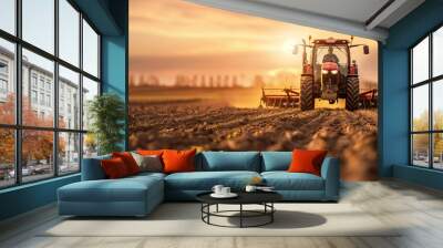 Tractor drilling seeding crops at farm field. Agricultural activity. Wall mural