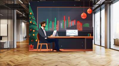 Businessman reading and analyzing a graph on screen. Christmas holidays.   Wall mural