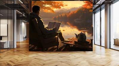 man sitting on a campfire reading a book at a lake. Wall mural