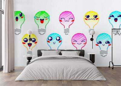 Set of Various Cartoon Bulbs with Emoticons. Doodle lightbulb, ideas, eyes and mouth. Caricature comic expressive emotions, smiling, crying and surprised character face expressions Wall mural