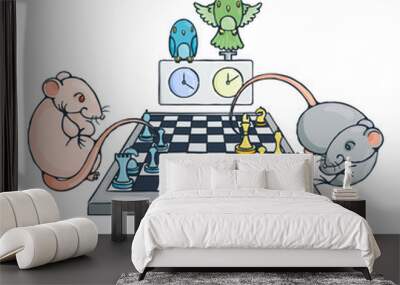 Two cute rats playing chess, parrots watch and switch the time. Wall mural