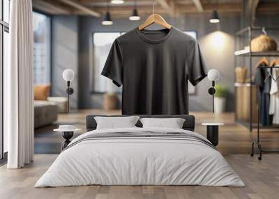 hanging black plain  t-shirt mockup with interior background Wall mural