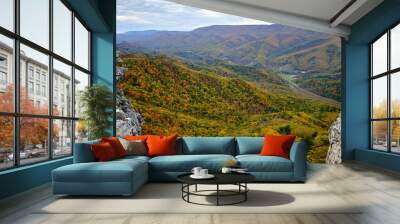 A view of the beautiful valley landscape in fall with peak foliage from the peak of the Chimney Top hike in West Virginia Wall mural