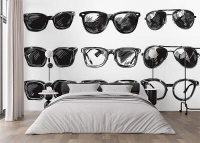 Collection of different sunglasses in black and white Wall mural