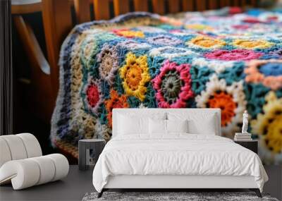 Colorful Crochet Blanket on Wooden Surface Wall mural