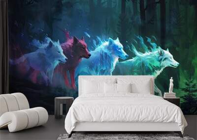 Colorful Wolves in Enchanted Forest Wall mural