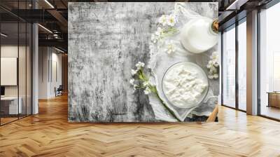 Fresh Dairy Products on Rustic Table Wall mural