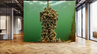 mussel farm underwater. shellfish grow on ropes suspended from the surface in the cold water of holland oosterschelde. the oesterdam is sea water controlled environment for seafood production Wall mural